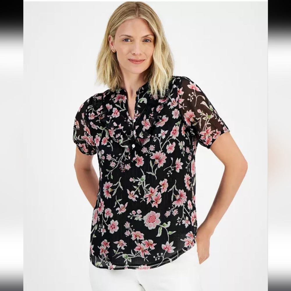 NAUTICA | Women's Black Floral Print Ruffle-Trim Short Sleeved V-Neck Bl…
